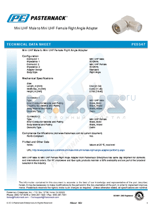 PE9347 datasheet - Mini UHF Male to Mini UHF Female Right Angle Adapter