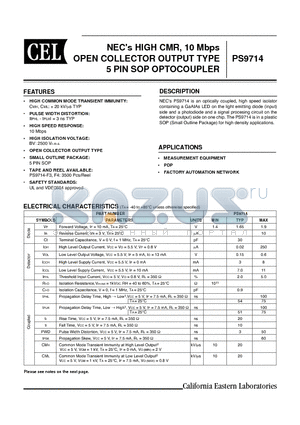 PS9714-F3 datasheet - NECs HIGH CMR, 10 Mbps OPEN COLLECTOR OUTPUT TYPE 5 PIN SOP OPTOCOUPLER