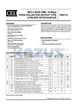 PS9714-F4 datasheet - NECs HIGH CMR, 10 Mbps OPEN COLLECTOR OUTPUT TYPE 5 PIN SOP OPTOCOUPLER