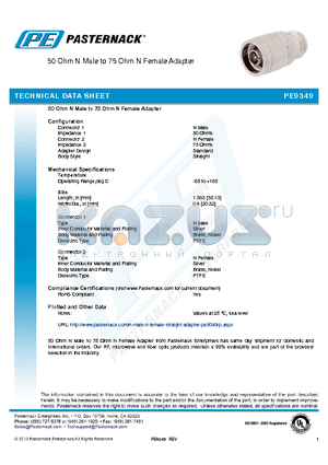 PE9349 datasheet - 50 Ohm N Male to 75 Ohm N Female Adapter