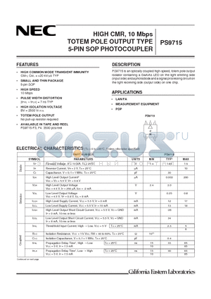 PS9715 datasheet - HIGH CMR, 10 Mbps TOTEM POLE OUTPUT TYPE 5-PIN SOP PHOTOCOUPLER
