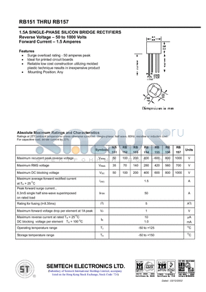 RB151 datasheet - 1.5A SINGLE-PHASE SILICON BRIDGE RECTIFIERS