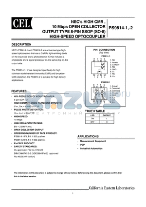 PS9814-1-F3 datasheet - HIGH CMR, 10 Mbps OPEN COLLECTOR OUTPUT TYPE 8-PIN SSOP (SO-8) HIGH-SPEED OPTOCOUPLER