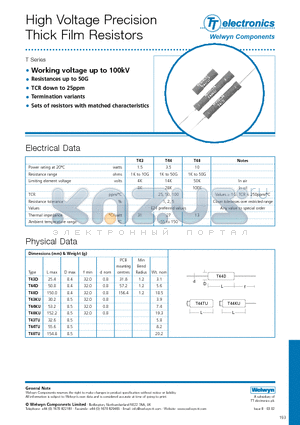 T44D datasheet - High Voltage Precision Thick Film Resistors