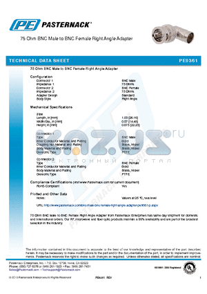 PE9361 datasheet - 75 Ohm BNC Male to BNC Female Right Angle Adapter