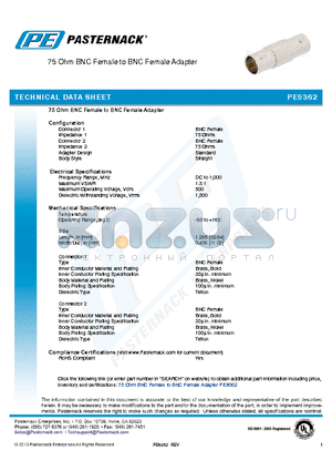 PE9362 datasheet - 75 Ohm BNC Female to BNC Female Adapter