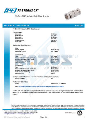 PE9364 datasheet - 75 Ohm BNC Male to BNC Male Adapter