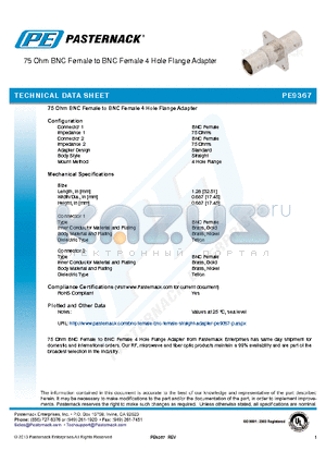 PE9367 datasheet - 75 Ohm BNC Female to BNC Female 4 Hole Flange Adapter