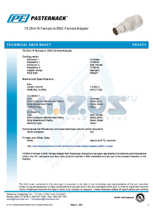 PE9371 datasheet - 75 Ohm N Female to BNC Female Adapter