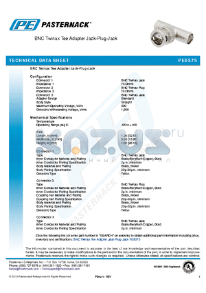 PE9375 datasheet - BNC Twinax Tee Adapter Jack-Plug-Jack