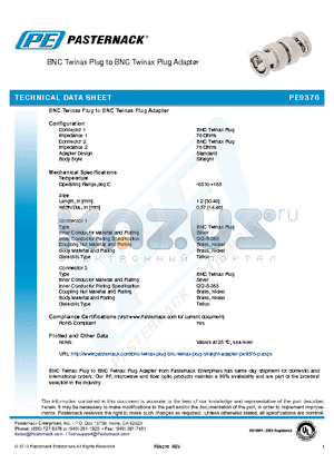 PE9376 datasheet - BNC Twinax Plug to BNC Twinax Plug Adapter