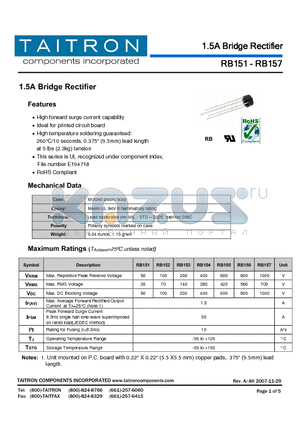 RB152 datasheet - 1.5A Bridge Rectifier