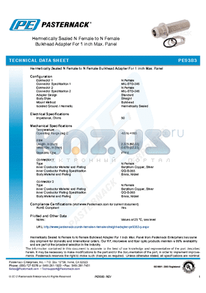 PE9383 datasheet - Hermetically Sealed N Female to N Female Bulkhead Adapter For 1 inch Max. Panel