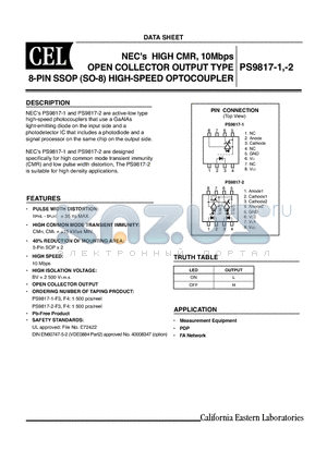 PS9817-2 datasheet - NECs HIGH CMR, 10Mbps OPEN COLLECTOR OUTPUT TYPE 8-PIN SSOP (SO-8) HIGH-SPEED OPTOCOUPLER