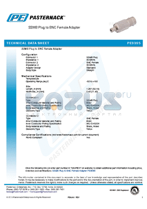 PE9395 datasheet - SSMB Plug to BNC Female Adapter