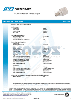 PE9396 datasheet - 75 Ohm N Male to F Female Adapter