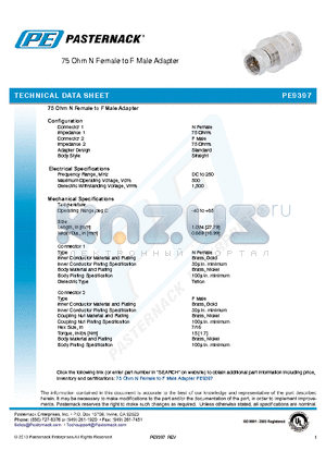 PE9397 datasheet - 75 Ohm N Female to F Male Adapter