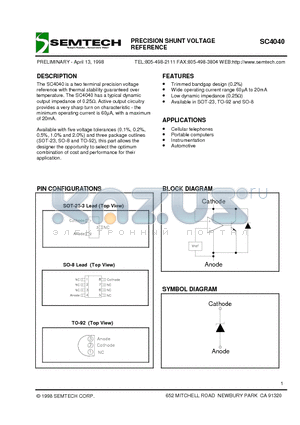 SC4040CZ datasheet - PRECISION SHUNT VOLTAGE REFERENCE