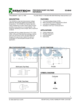 SC4040DS datasheet - PRECISION SHUNT VOLTAGE REFERENCE