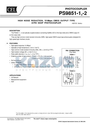 PS9851-1-F4 datasheet - HIGH NOISE REDUCTION, 15 Mbps CMOS OUTPUT TYPE 8-PIN SSOP PHOTOCOUPLER