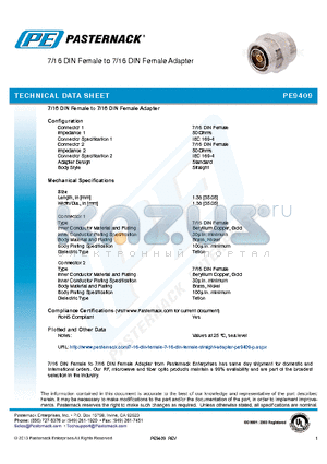 PE9409 datasheet - 7/16 DIN Female to 7/16 DIN Female Adapter