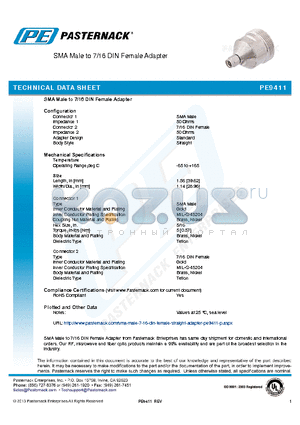 PE9411 datasheet - SMA Male to 7/16 DIN Female Adapter