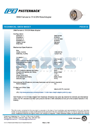 PE9412 datasheet - SMA Female to 7/16 DIN Male Adapter