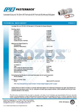 PE9417 datasheet - Isolated Ground 75 Ohm N Female to N Female Bulkhead Adapter