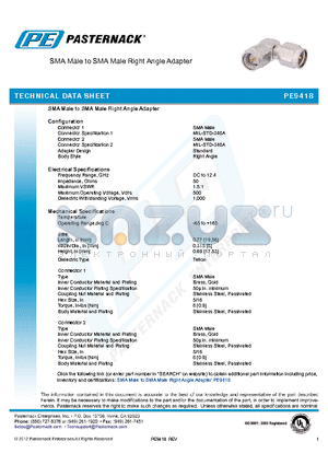 PE9418 datasheet - SMA Male to SMA Male Right Angle Adapter