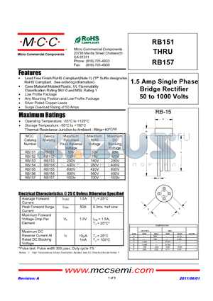 RB153 datasheet - 1.5 Amp Single Phase Bridge Rectifier 50 to 1000 Volts