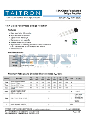 RB153G datasheet - 1.5A Glass Passivated Bridge Rectifier