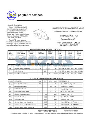 SR341 datasheet - SILICON GATE ENHANCEMENT MODE RF POWER VDMOS TRANSISTOR