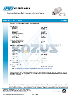 PE9435 datasheet - Precision Bulkhead SMA Female to N Female Adapter