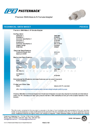 PE9433 datasheet - Precision SMA Male to N Female Adapter