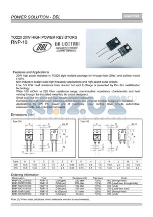 RNP-10AR1J000 datasheet - TO220 20W HIGH POWER RESISTORS