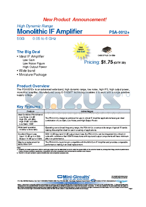 PSA-0012 datasheet - High Dynamic Range Monolithic IF Amplifier