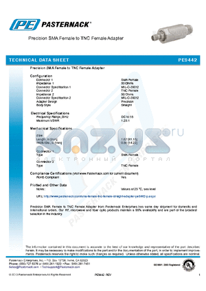 PE9442 datasheet - Precision SMA Female to TNC Female Adapter