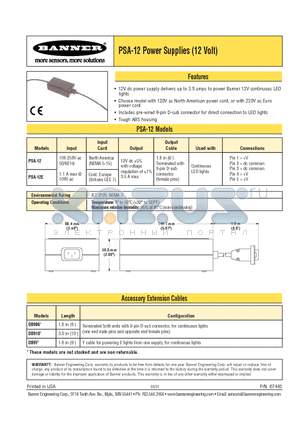 PSA-12 datasheet - Power Supplies (12 Volt)