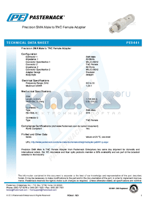 PE9441 datasheet - Precision SMA Male to TNC Female Adapter