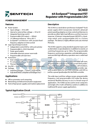SC403 datasheet - 6A EcoSpeedTM Integrated FET Regulator with Programmable LDO