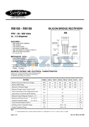 RB154 datasheet - SILICON BRIDGE RECTIFIERS