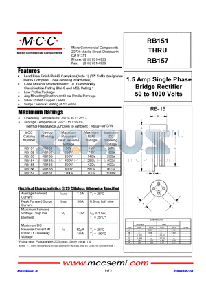 RB154 datasheet - 1.5 Amp Single Phase Bridge Rectifier 50 to 1000 Volts