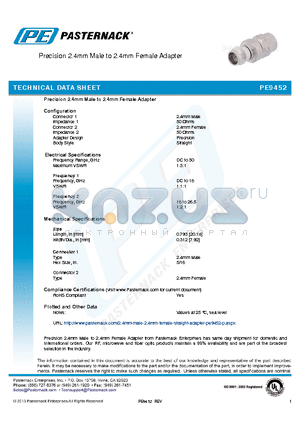 PE9452 datasheet - Precision 2.4mm Male to 2.4mm Female Adapter