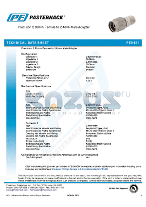 PE9454 datasheet - Precision 2.92mm Female to 2.4mm Male Adapter