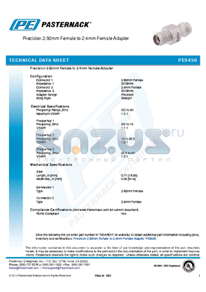 PE9456 datasheet - Precision 2.92mm Female to 2.4mm Female Adapter