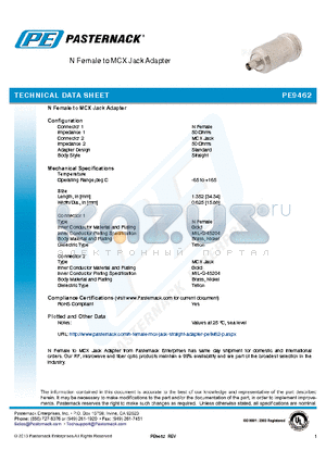 PE9462 datasheet - N Female to MCX Jack Adapter