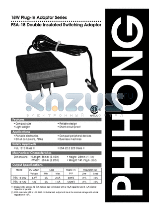 PSA-18-050 datasheet - Double Insulated Switching Adaptor