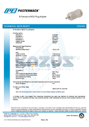 PE9463 datasheet - N Female to MCX Plug Adapter