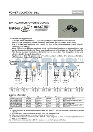 RNP50UA0R1JZ00 datasheet - 50W TO220 HIGH POWER RESISTORS