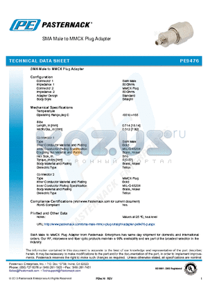 PE9476 datasheet - SMA Male to MMCX Plug Adapter